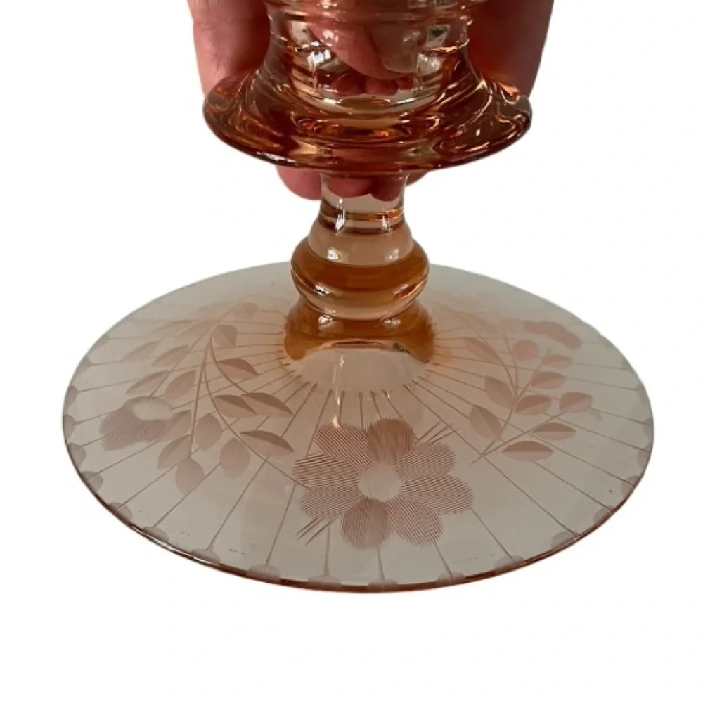 Unique Vintage Pink Depression Glass Etched Candle Holders (Set of 2)